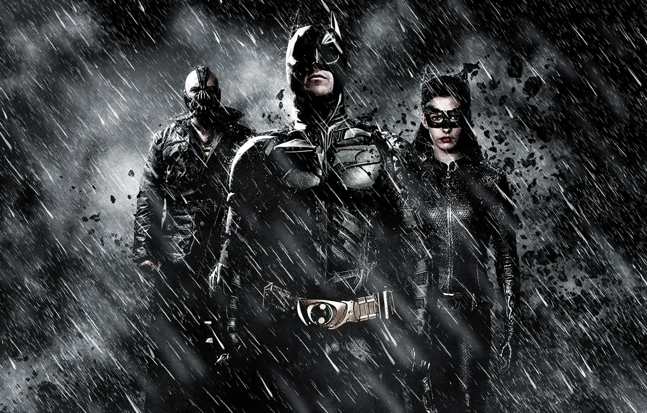 Фото обои Бэтмен, Batman, The Dark Knight Rises, Кристиан Бэйл, Anne Hathaway, Том Харди, Бэйн, Tom Hardy
