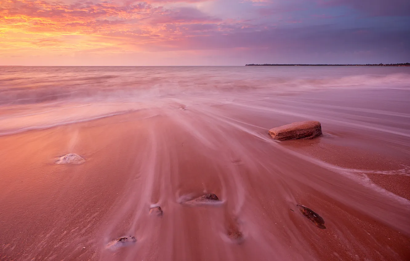 Фото обои песок, волны, пена, закат, розводы, теплое море
