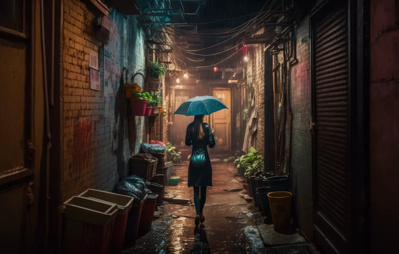Фото обои ночь, дождь, женщина, зонт, переулок, плащ, AI art, ИИ искусство