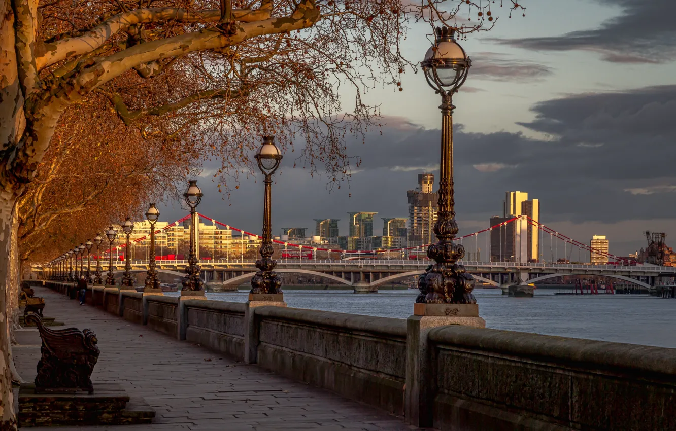 Фото обои деревья, мост, река, Англия, Лондон, фонари, набережная, London