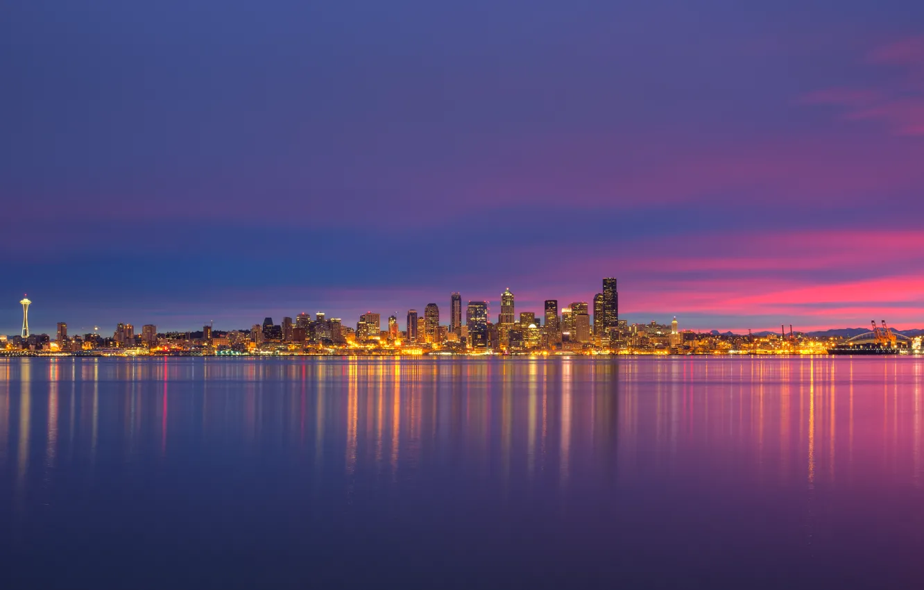 Фото обои lights, USA, Space Needle, United States, skyline, night, sunrise, reflection