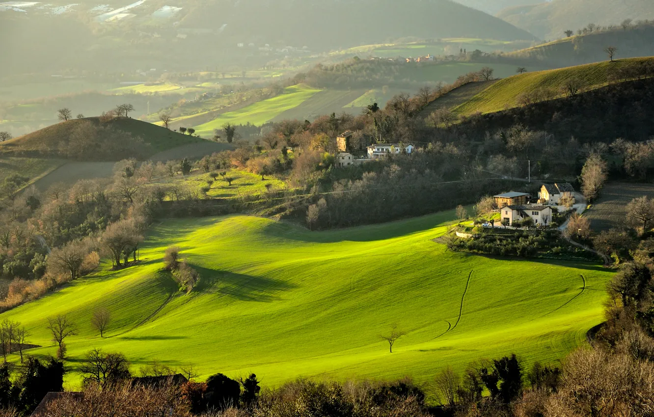 Фото обои трава, деревья, горы, холмы, поля, дома, Италия