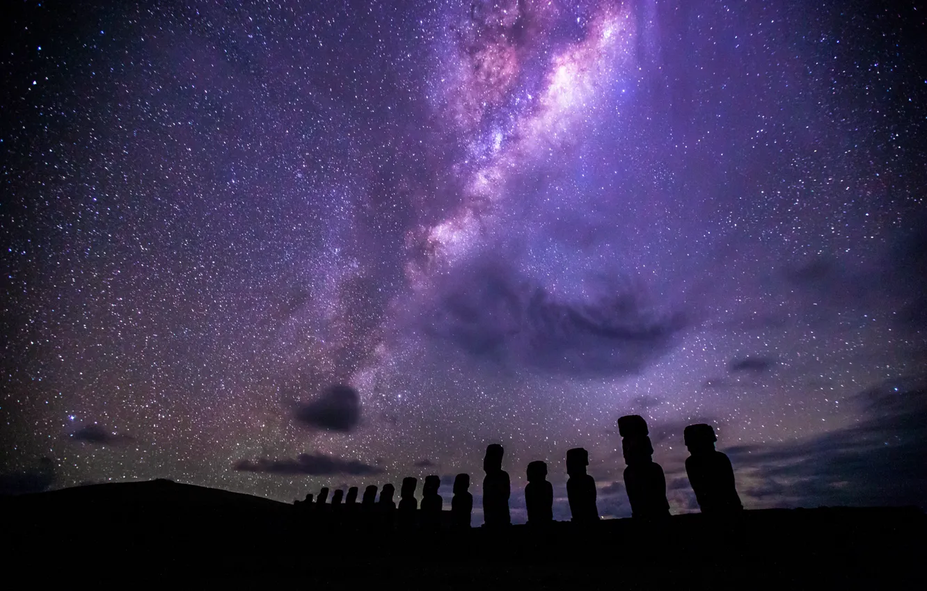 Фото обои Easter Island, structure &ampamp; formation, Moai, under the Milky Way, Ahu Tongariki