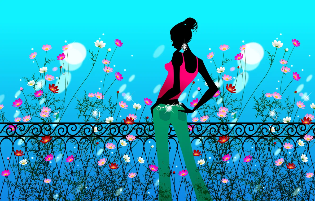 Фото обои девушка, цветы, рисунок, забор, профиль, космея