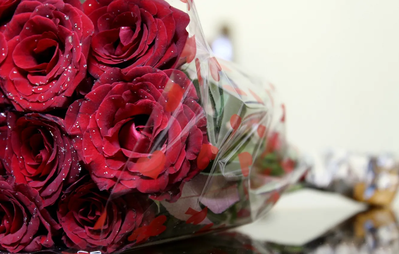 Фото обои макро, цветы, розы, букет, алые