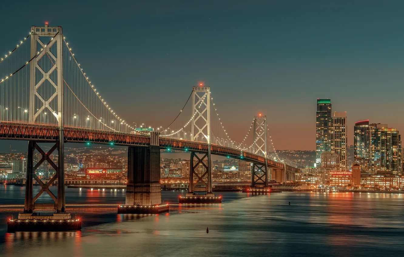 Фото обои lights, USA, bridge, San Francisco, San Francisco Bay, skyscapers