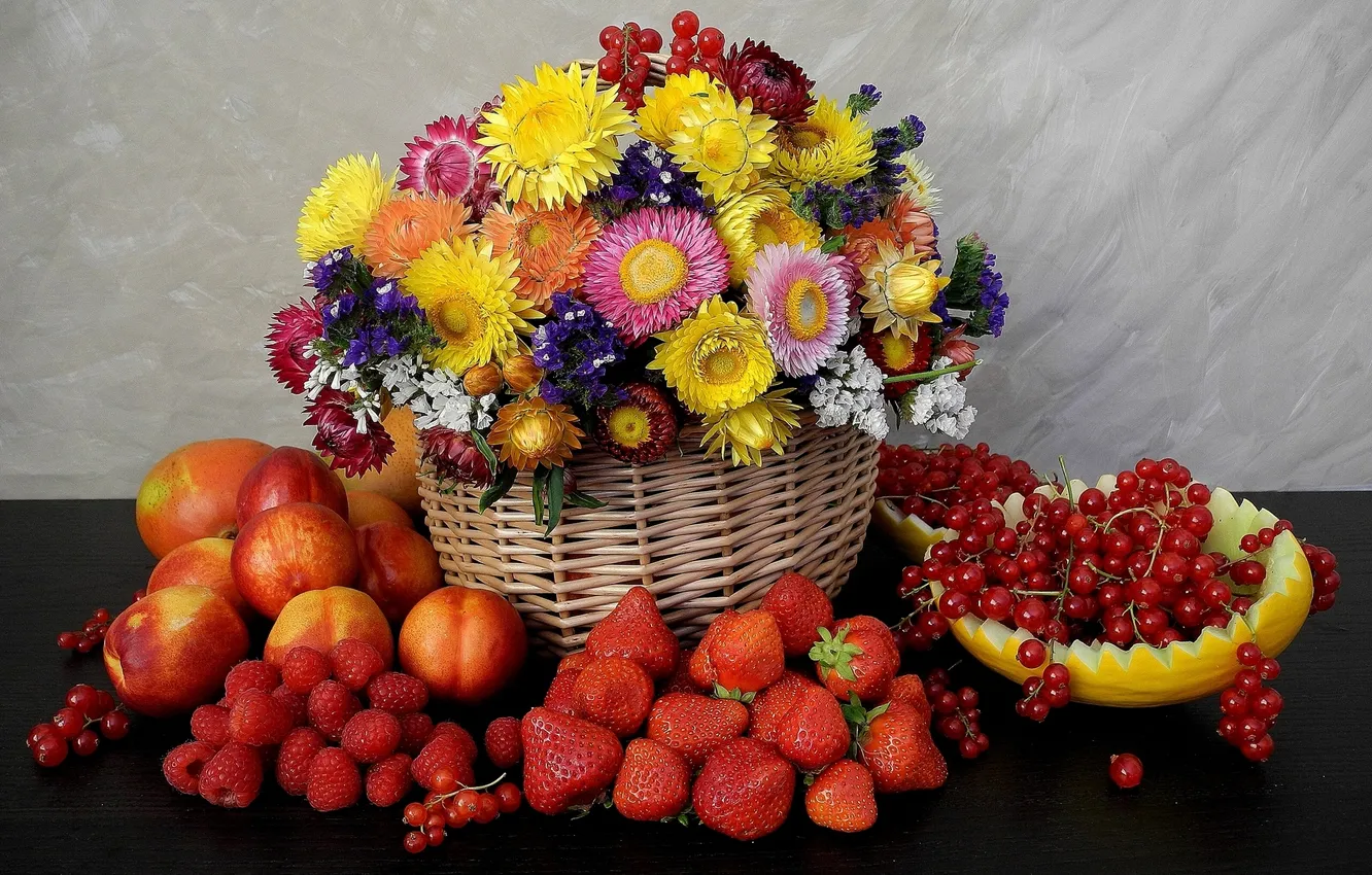 Фото обои цветы, ягоды, малина, клубника, фрукты, натюрморт, корзинка, дыня