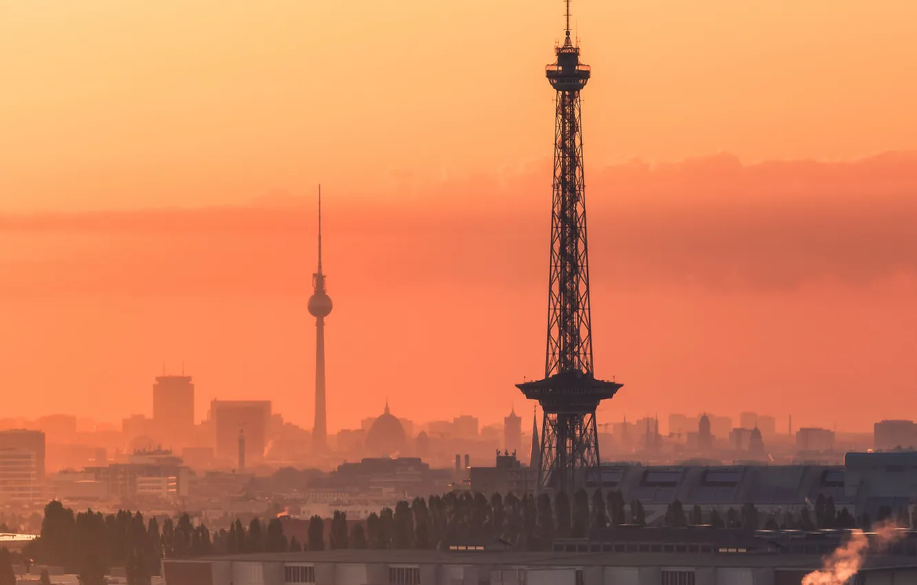 Фото обои Germany, sunset, Berlin, towers, Fernsehturm
