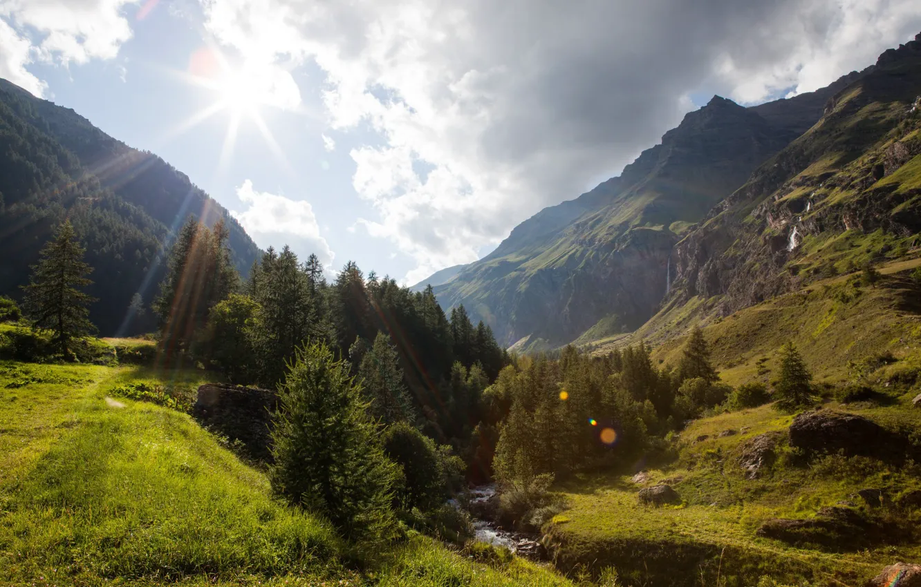 Фото обои горы, Франция, Альпы, лучи солнца, Dormillouse, Ecrins