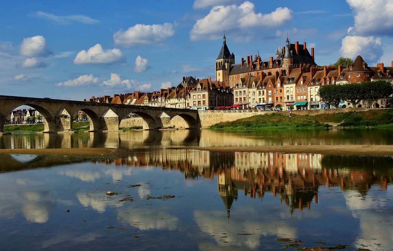 Фото обои мост, отражение, река, замок, Франция, здания, дома, France