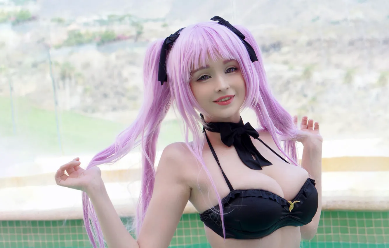 Фото обои girl, sexy, cleavage, pink hair, long hair, boobs, smile, beautiful