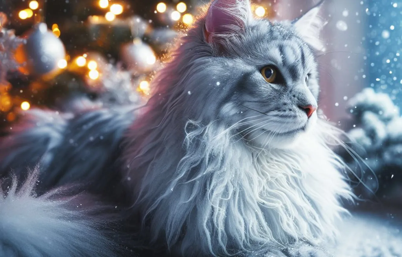 Фото обои зима, кошка, белый, кот, взгляд, снег, снежинки, огни