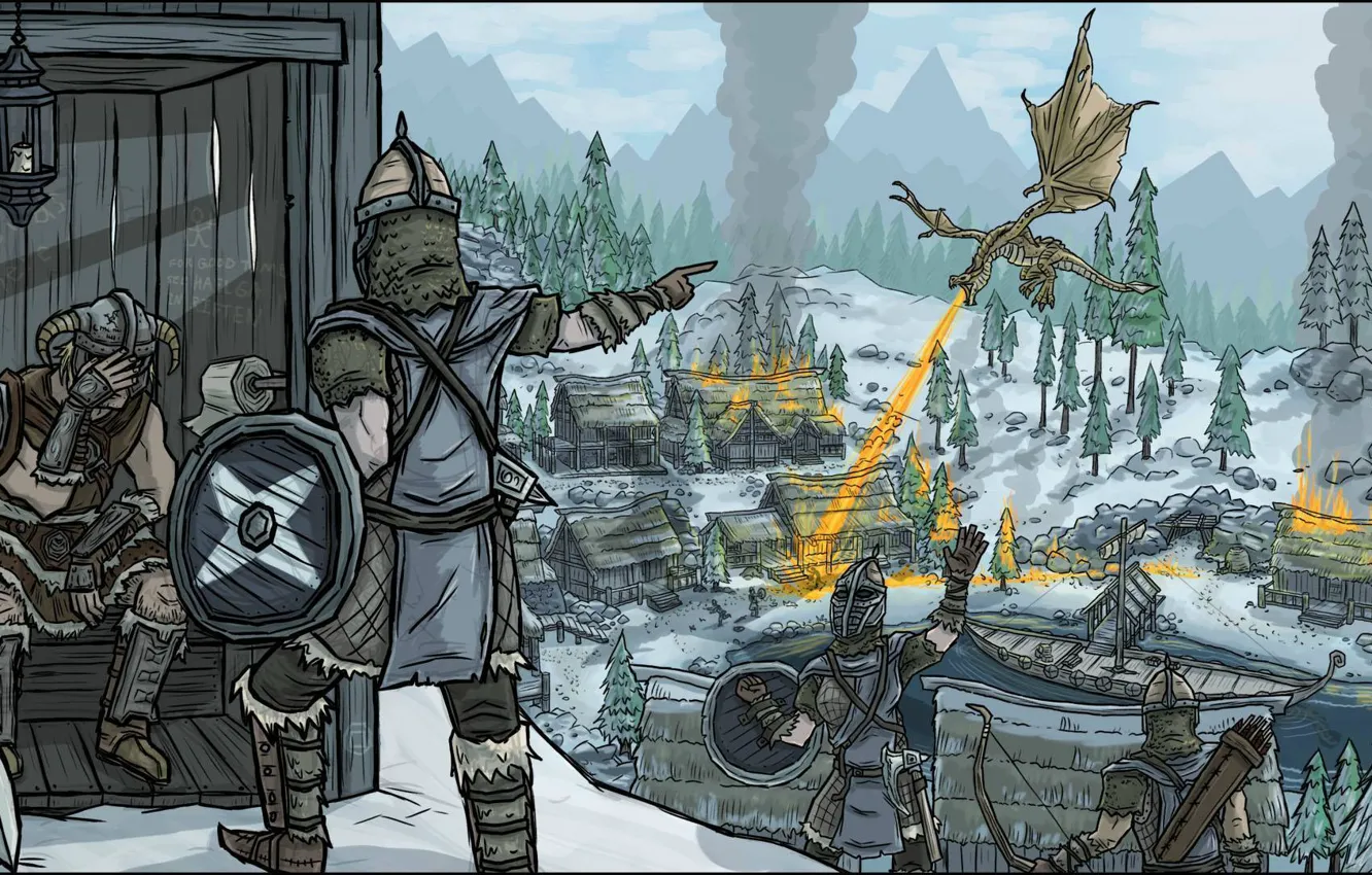 Фото обои огонь, дракон, деревня, довакин, Skyrim, The Elder Scrolls V