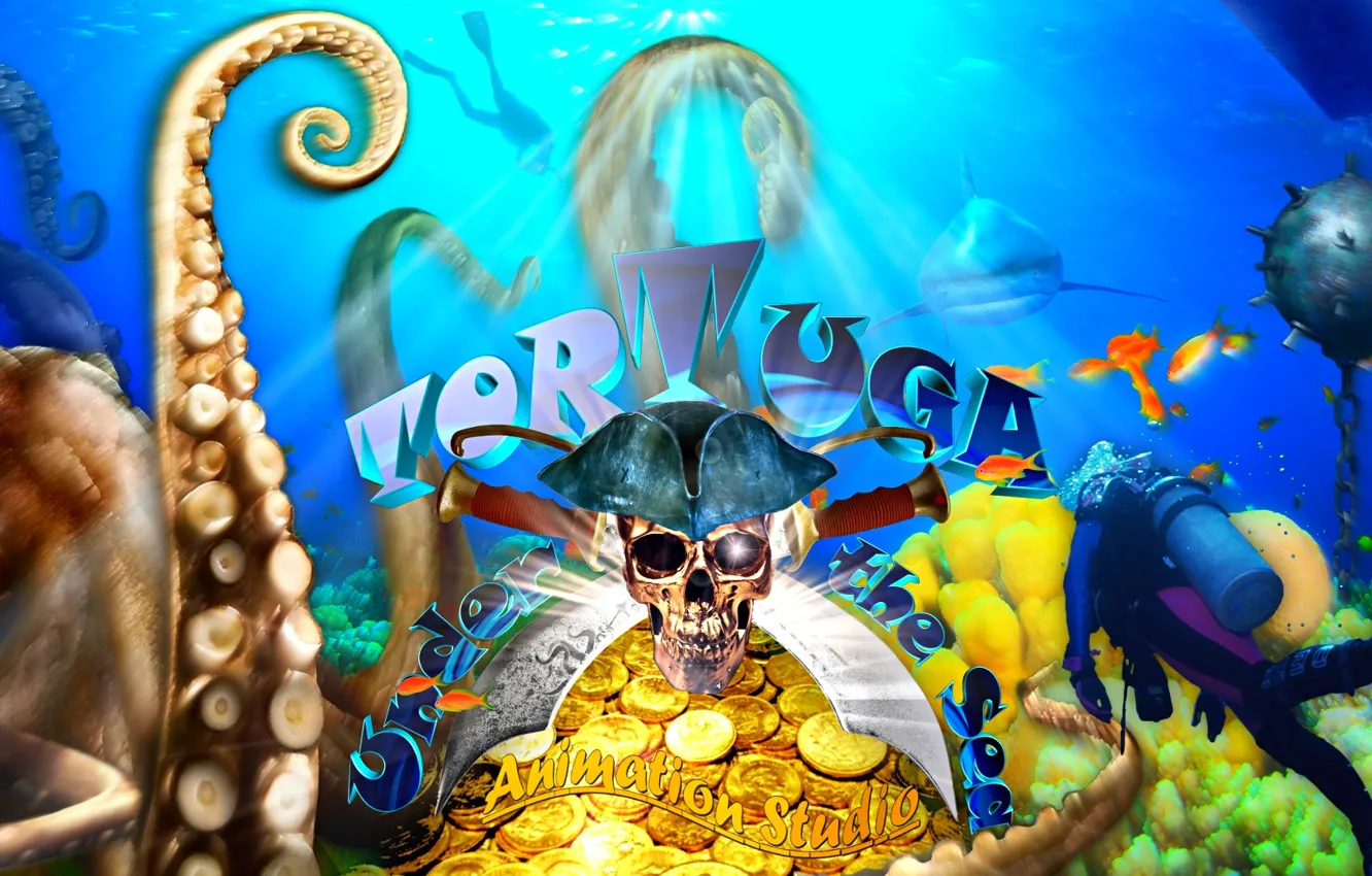 Фото обои море, рыбы, золото, остров, череп, дно, акула, позитив