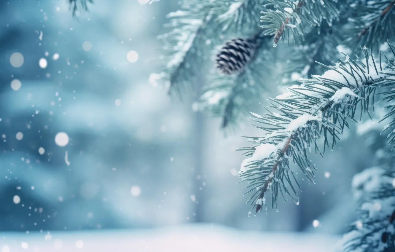 Фото обои зима, лес, капли, снег, елка, forest, Christmas, шишки