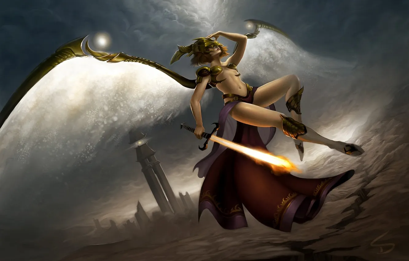 Фото обои девушка, огонь, башня, крылья, меч, арт, шлем, киберпанк