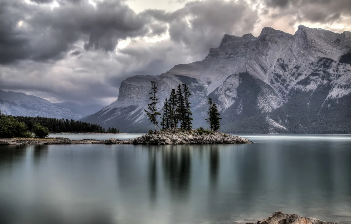 Фото обои лес, горы, озеро, Banff National Park, Alberta, Canada, Lake Minnewanka