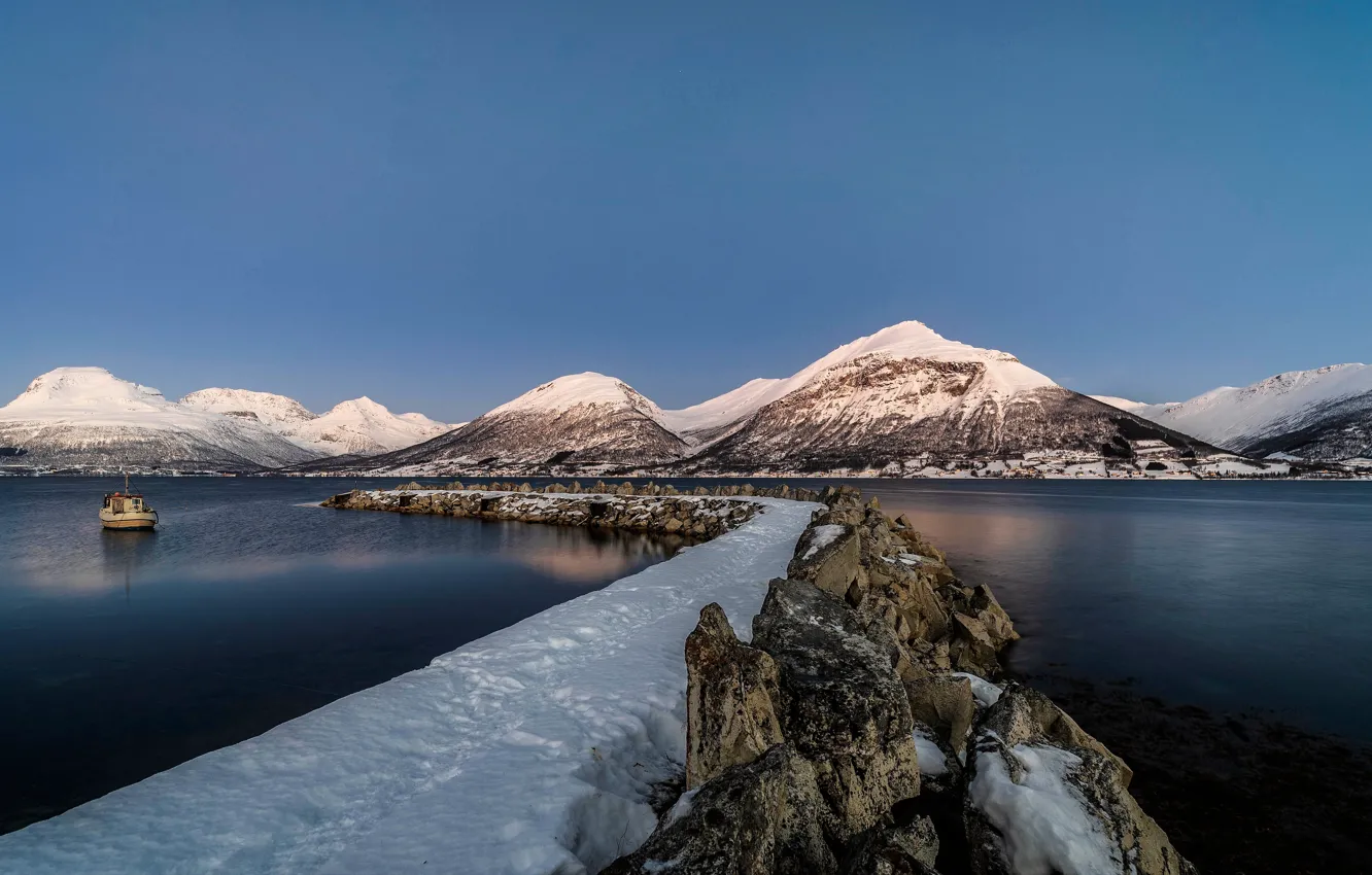 Фото обои снег, горы, Норвегия, Troms, Balsfjord