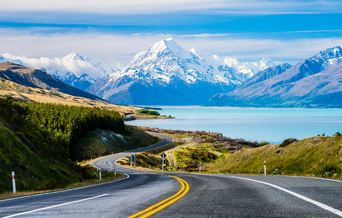 Фото обои road, river, sky, trees, landscape, New Zealand, nature, water