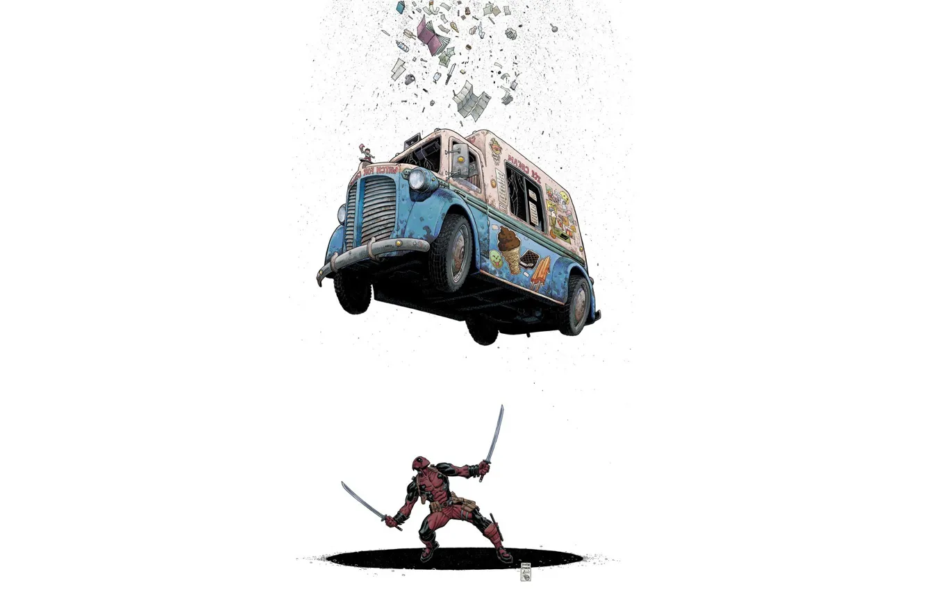 Фото обои Машина, Костюм, Комикс, Car, Мечи, Deadpool, Marvel, Дэдпул