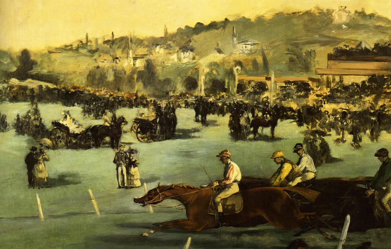 Фото обои пейзаж, картина, лошади, жокей, жанровая, Эдуард Мане, Скачки в Булонском Лесу