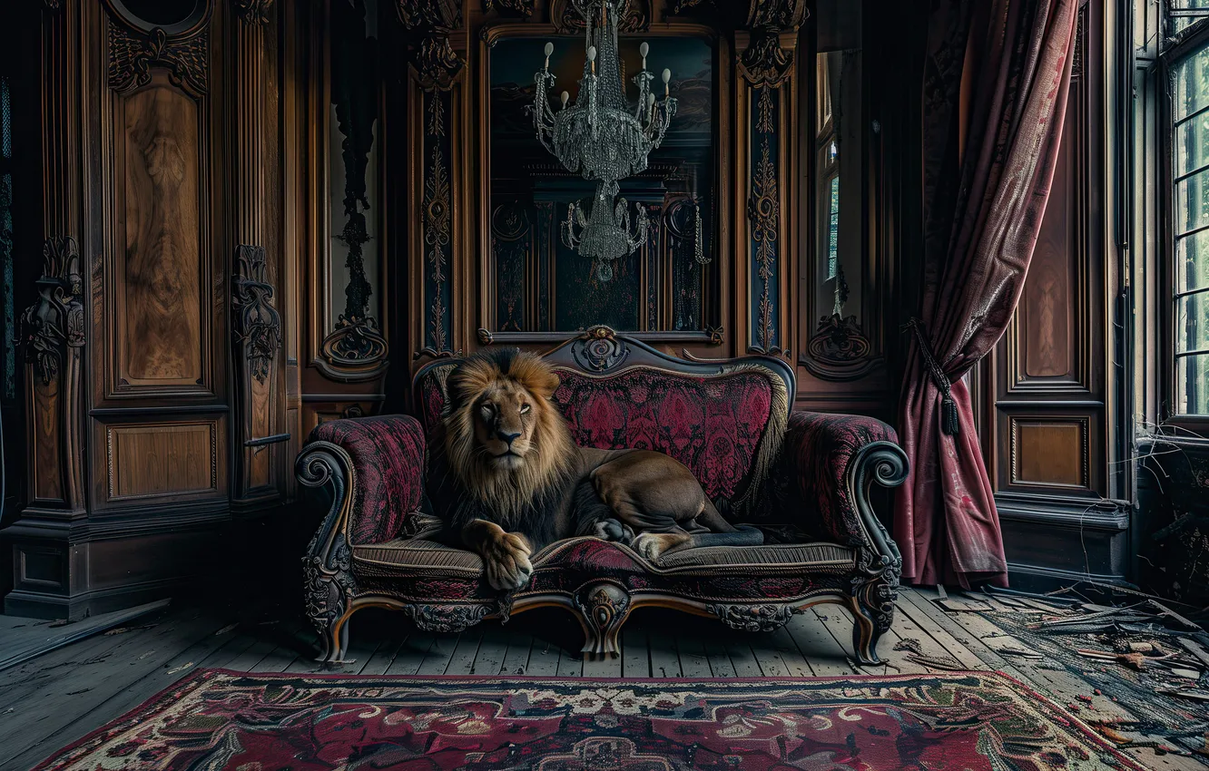 Фото обои диван, лев, царь зверей, дикая кошка, нейросеть
