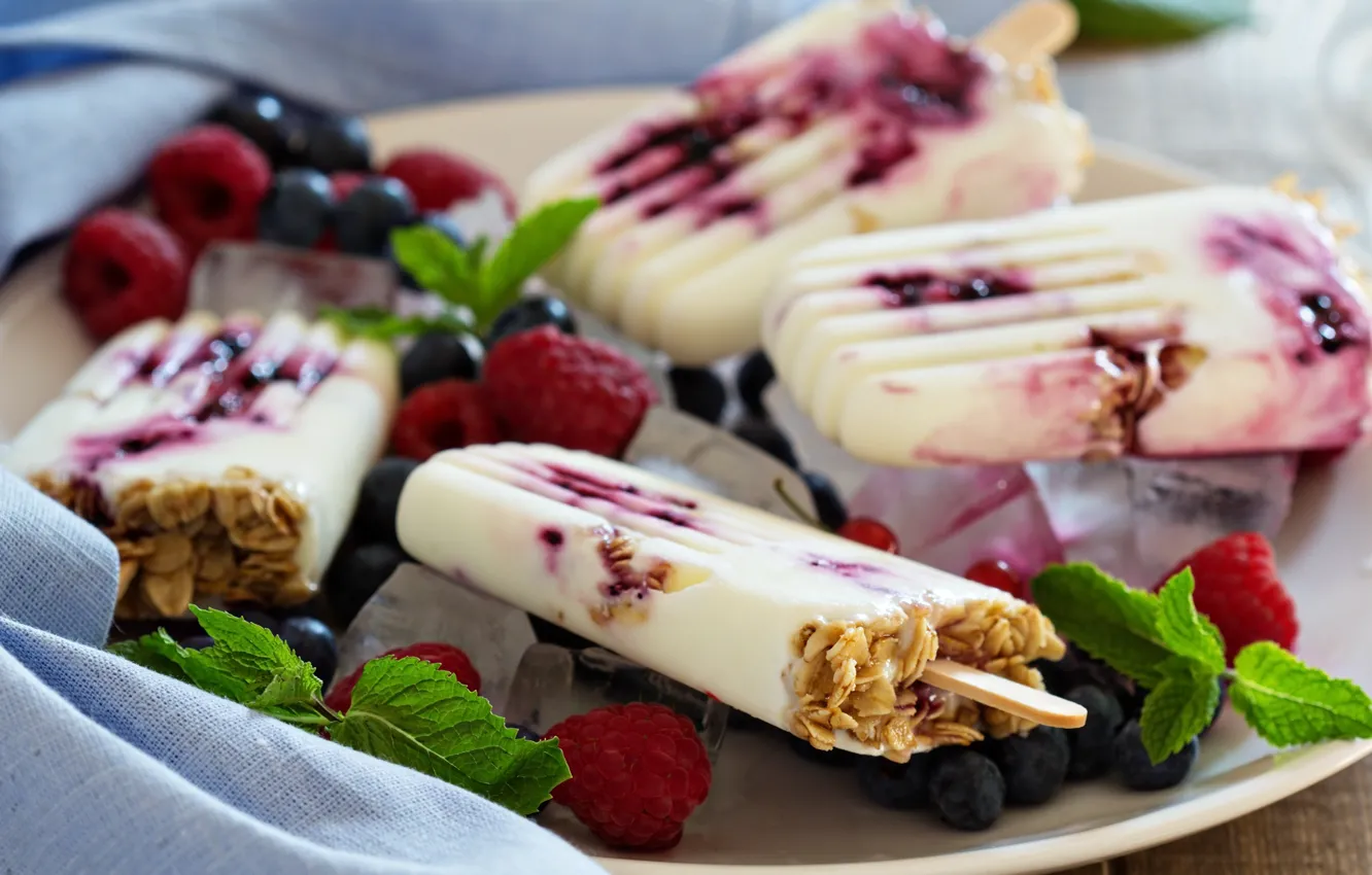Фото обои ягоды, малина, тарелка, мороженое, мята, эскимо