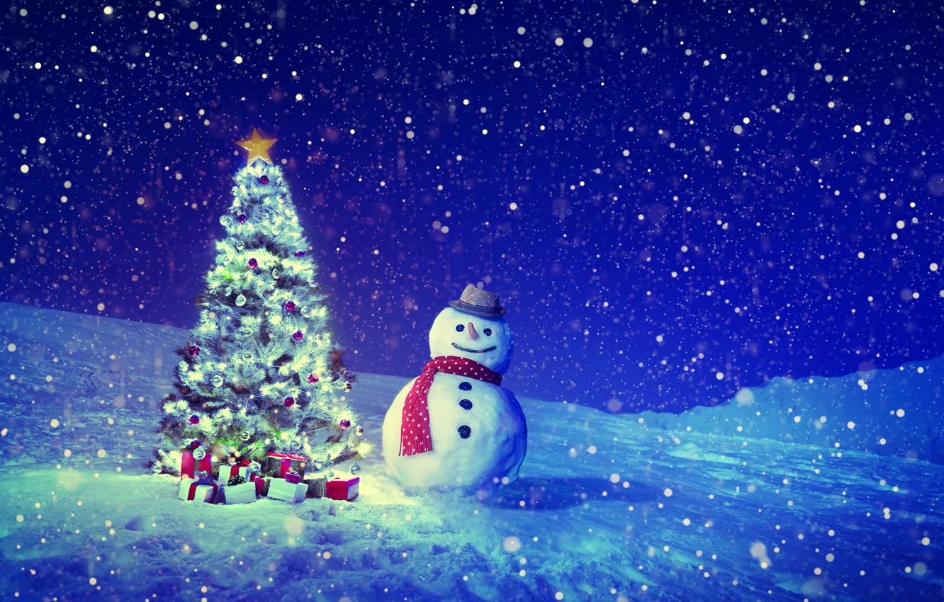 Фото обои зима, снег, ночь, коробка, графика, звезда, шарф, Рождество