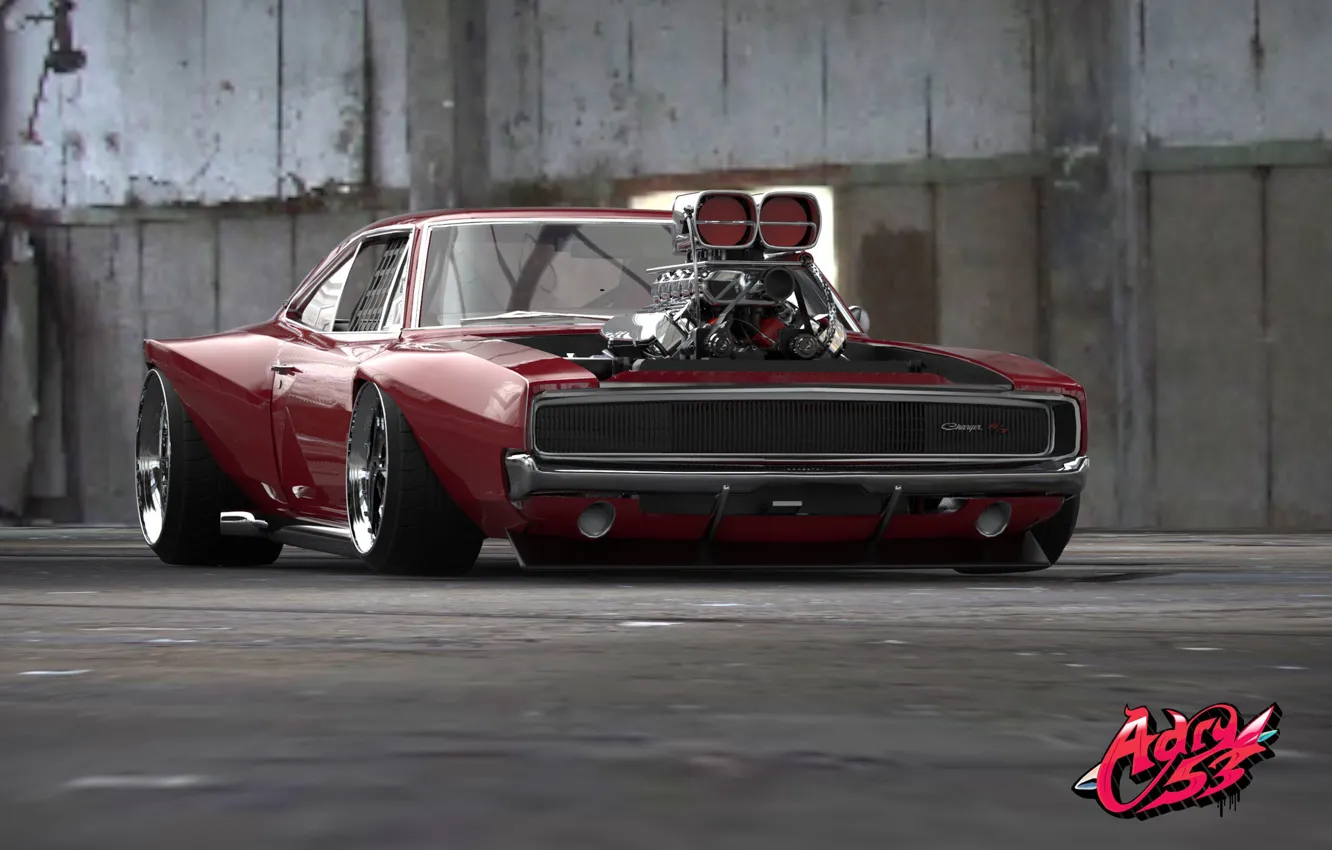 Фото обои Красный, Авто, Машина, Dodge, Car, Charger, Рендеринг, R/T