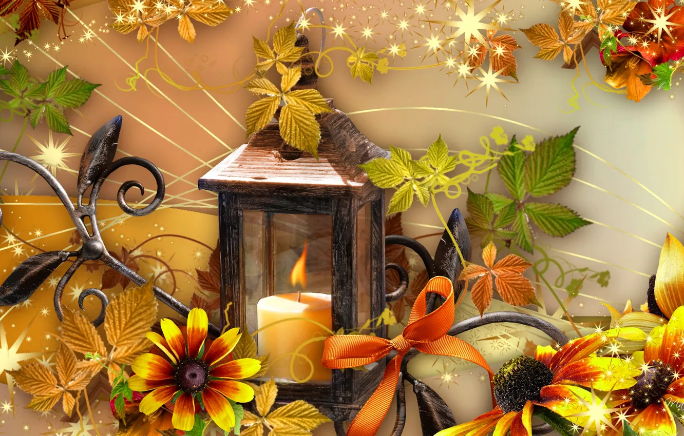 Фото обои осень, цветы, настроение, коллаж, свеча, фонарь