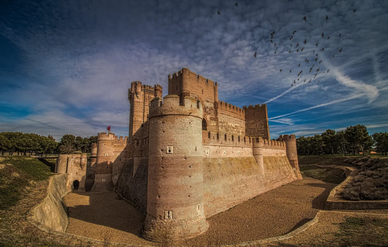 Фото обои небо, замок, стая птиц, Castillo de la Mota