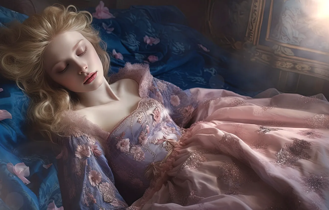 Фото обои девушка, цветы, сон, платье, принцесса, спящая, нейросеть