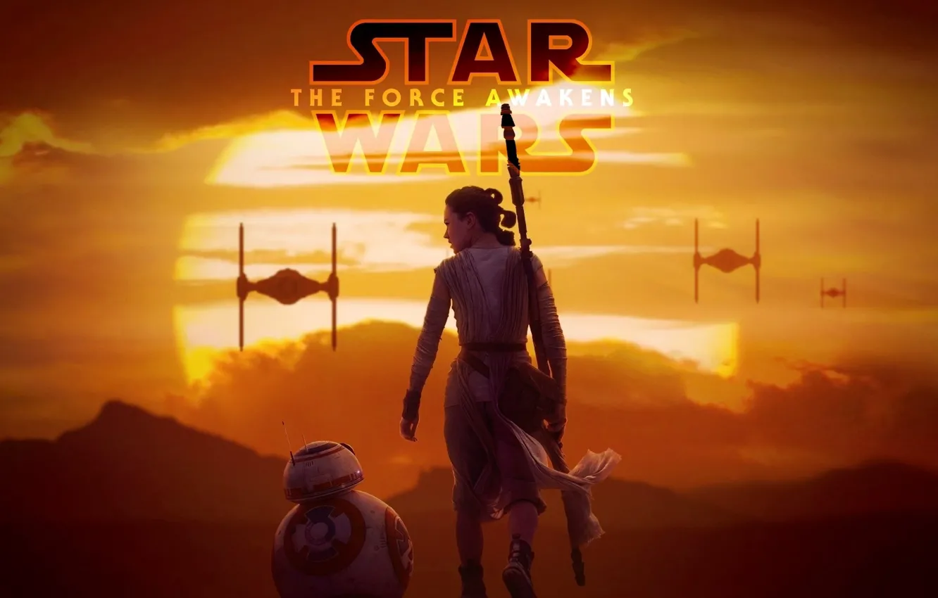 Фото обои Star Wars, girl, fantasy, robot, sunset, science fiction, sun, sci-fi