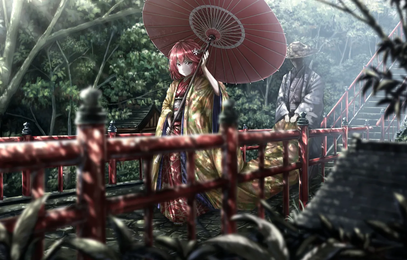 Фото обои девушка, деревья, зонт, мужчина, традиционная одежда, Tomoe Murakami, The Idolmaster: Cinderella Girls