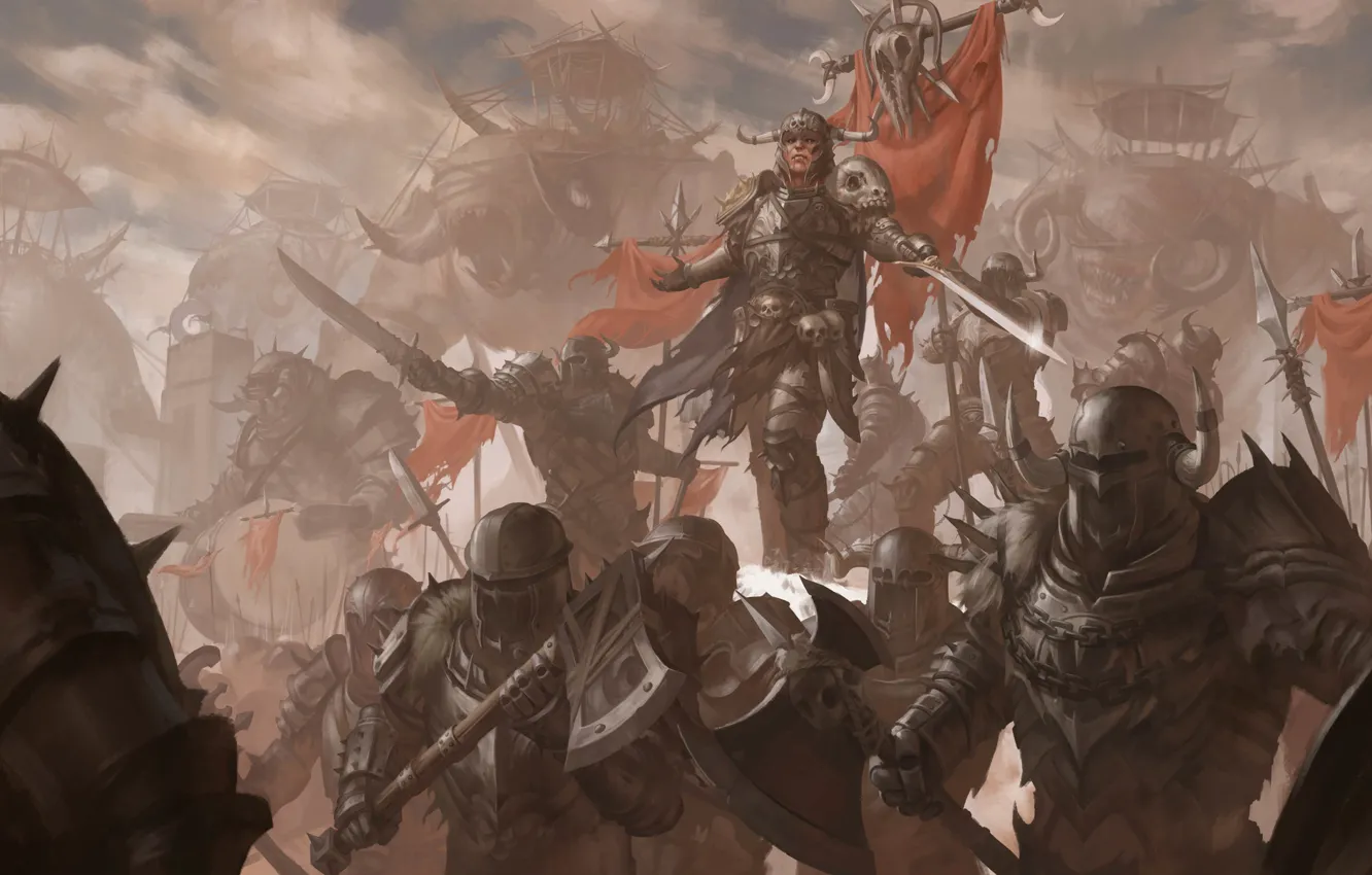 Фото обои мечи, воины, щиты, топоры, секиры, War, чудовища
