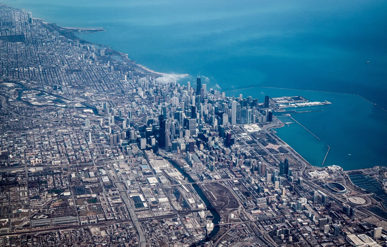 Фото обои город, озеро, Чикаго, панорама, Aerial view of Chicago