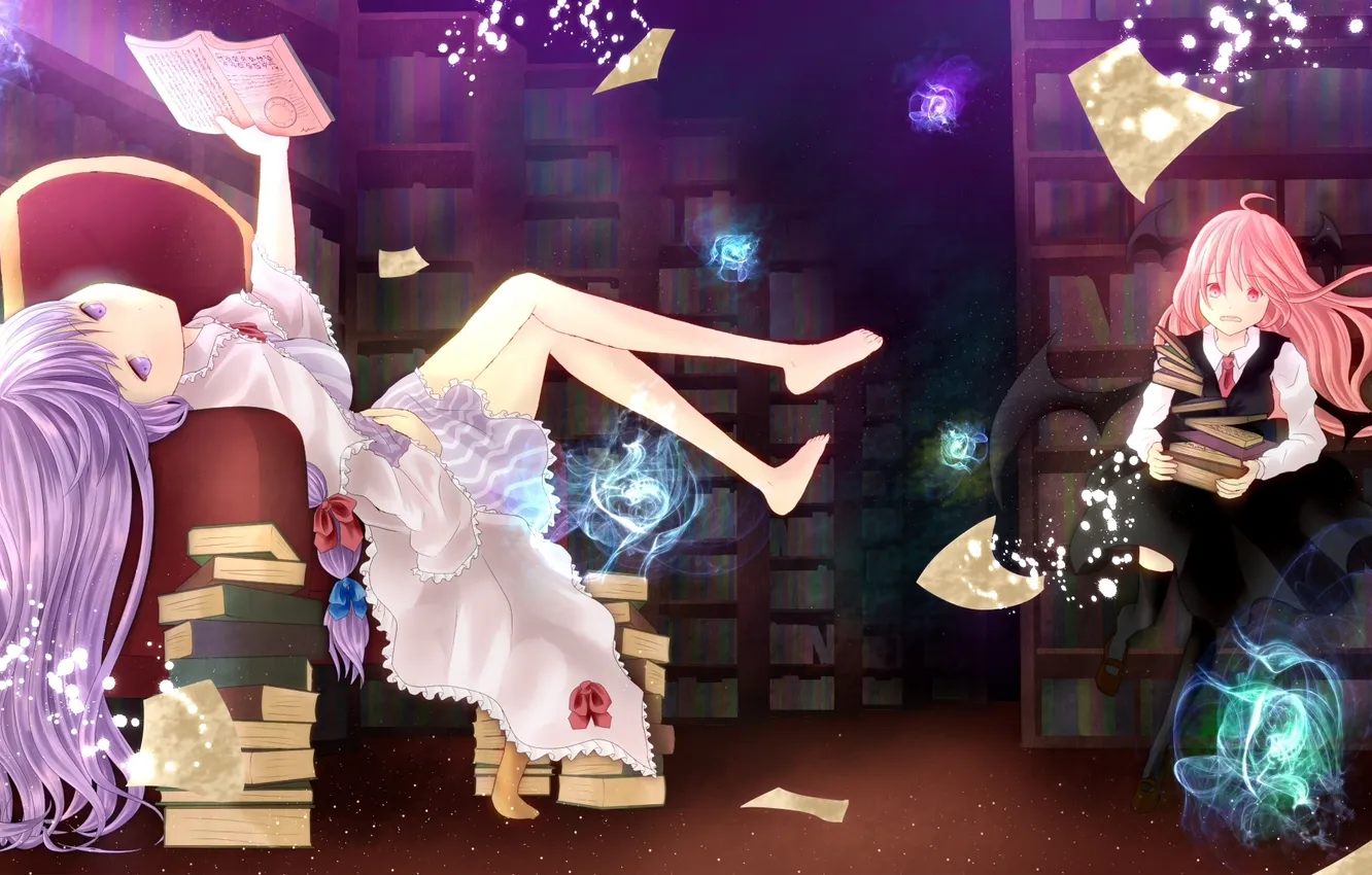 Фото обои магия, девочки, книги, крылья, кресло, арт, библиотека, touhou