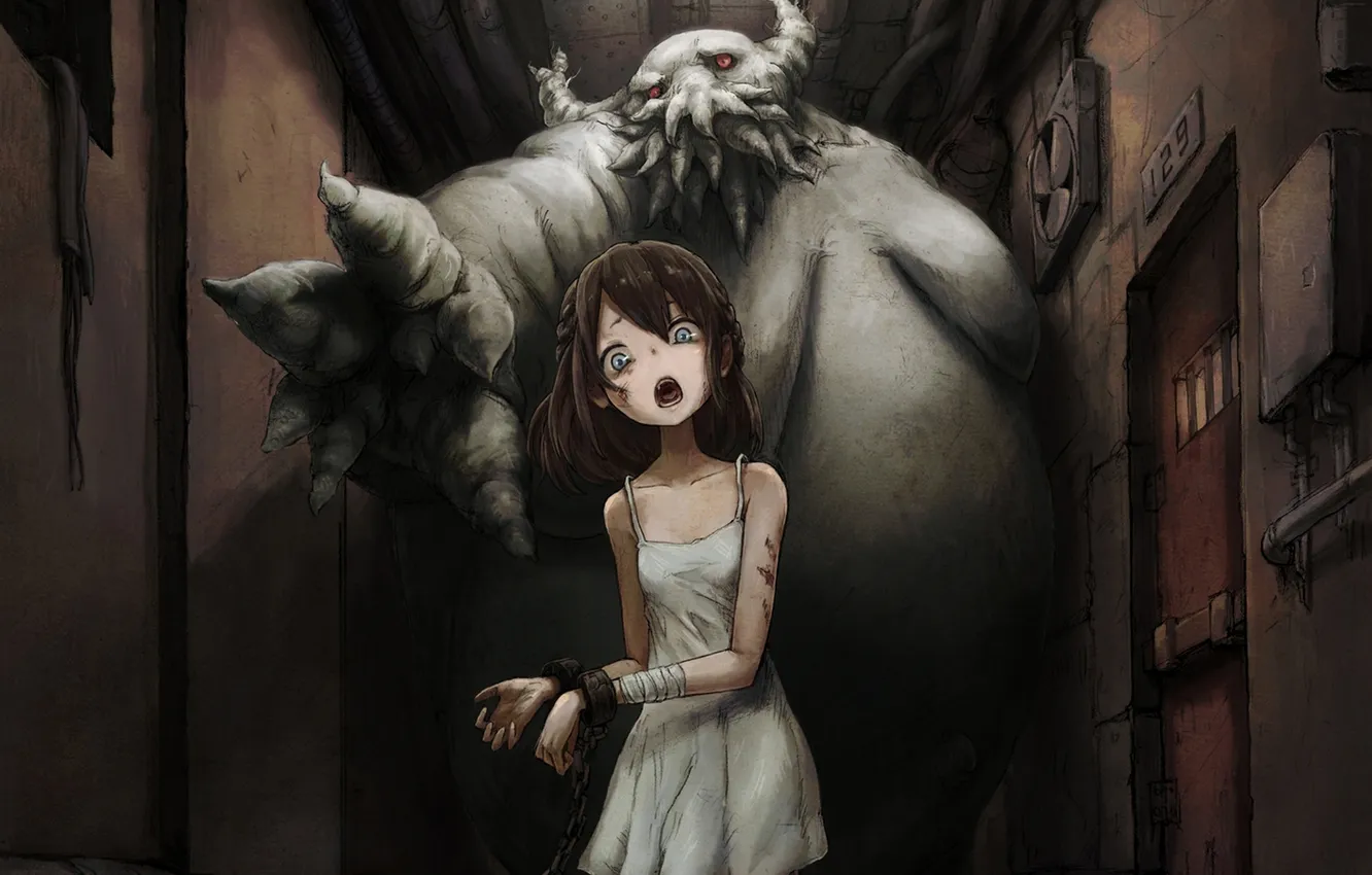 Фото обои девушка, страх, аниме, дверь, арт, коридор, чудовище, цепи