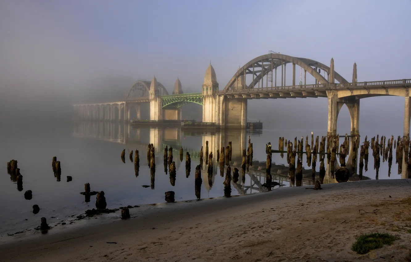 Фото обои небо, мост, туман, река, рассвет, опора