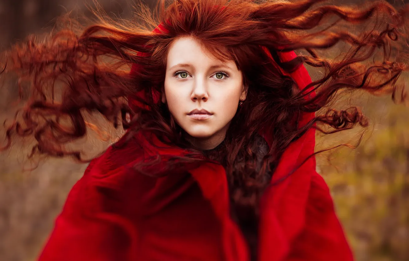 Фото обои портрет, в красном, рыжеволосая, Red Riding Hood
