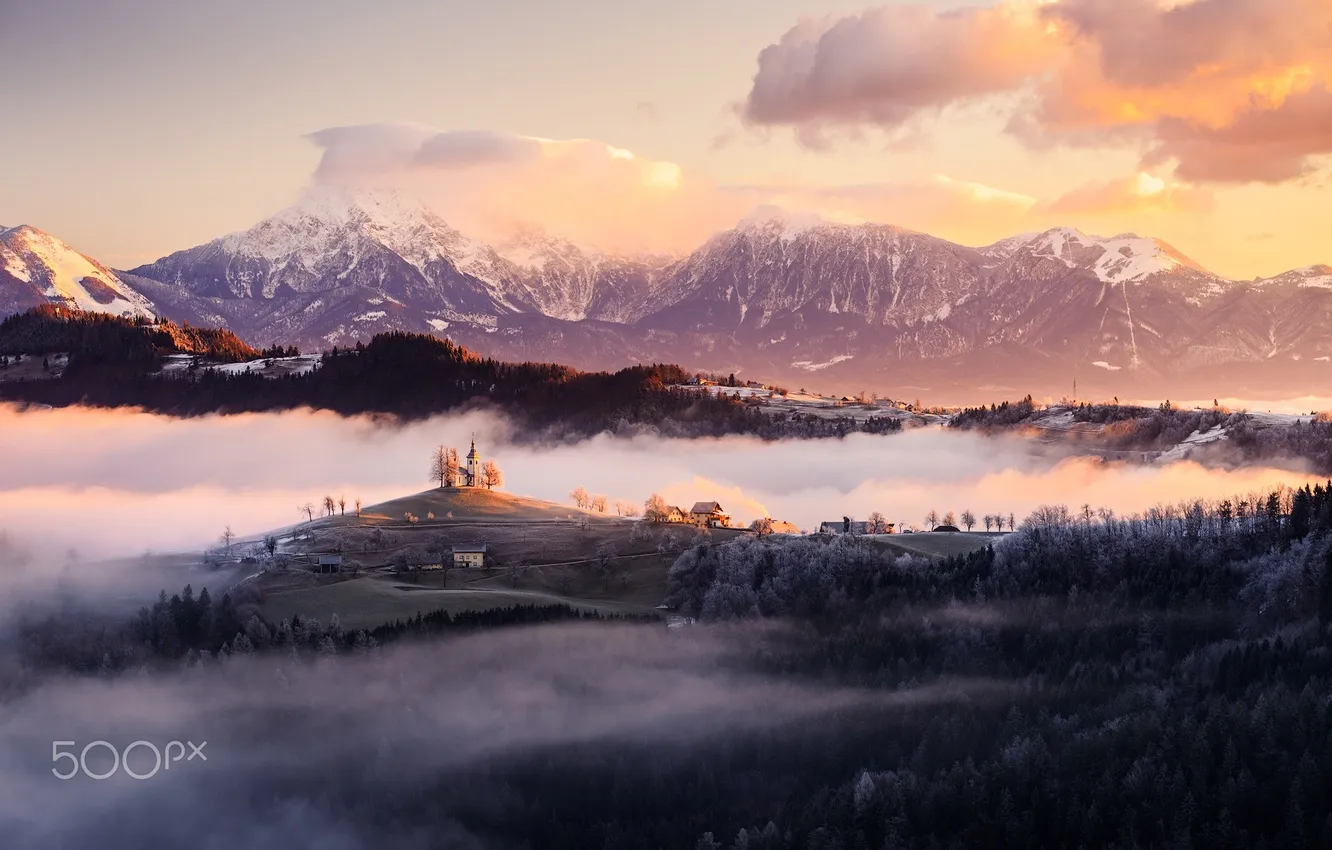 Фото обои зима, горы, утро, Словения