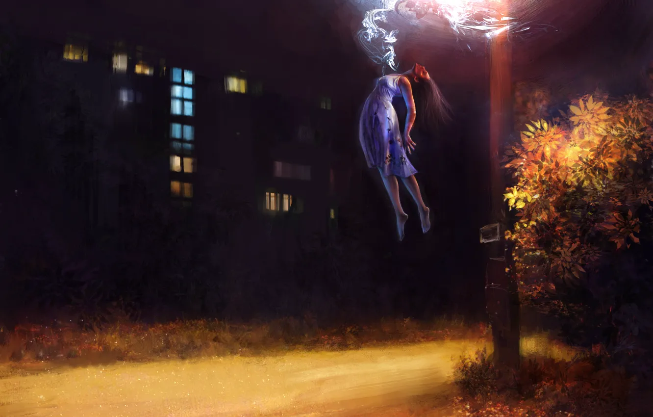 Фото обои девушка, ночь, улица, дым, дома, фэнтези, парит, by LusiusMalfoy