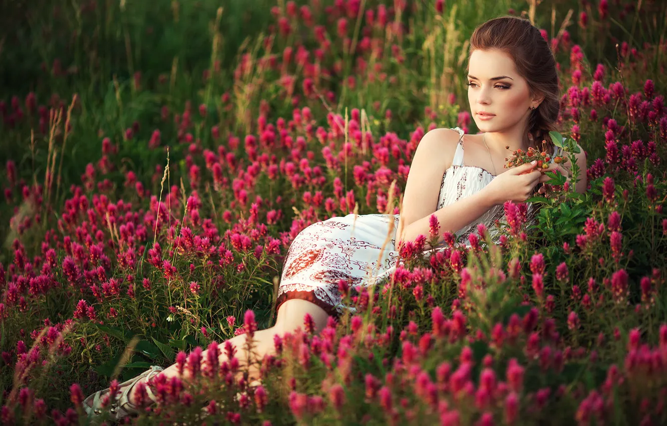 Фото обои поле, лето, трава, цветы, природа, Девушка, луг