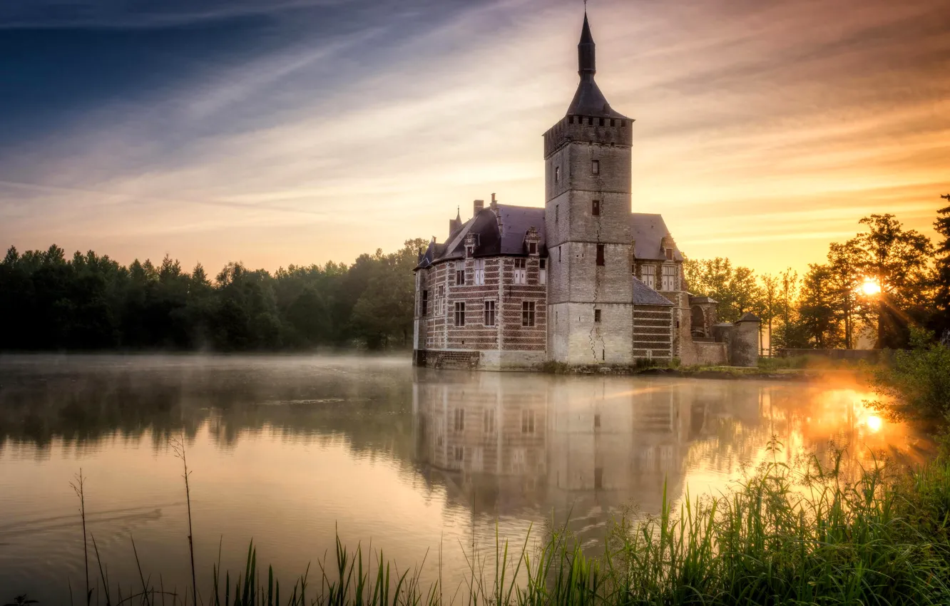 Фото обои небо, озеро, замок, Бельгия, horst castle