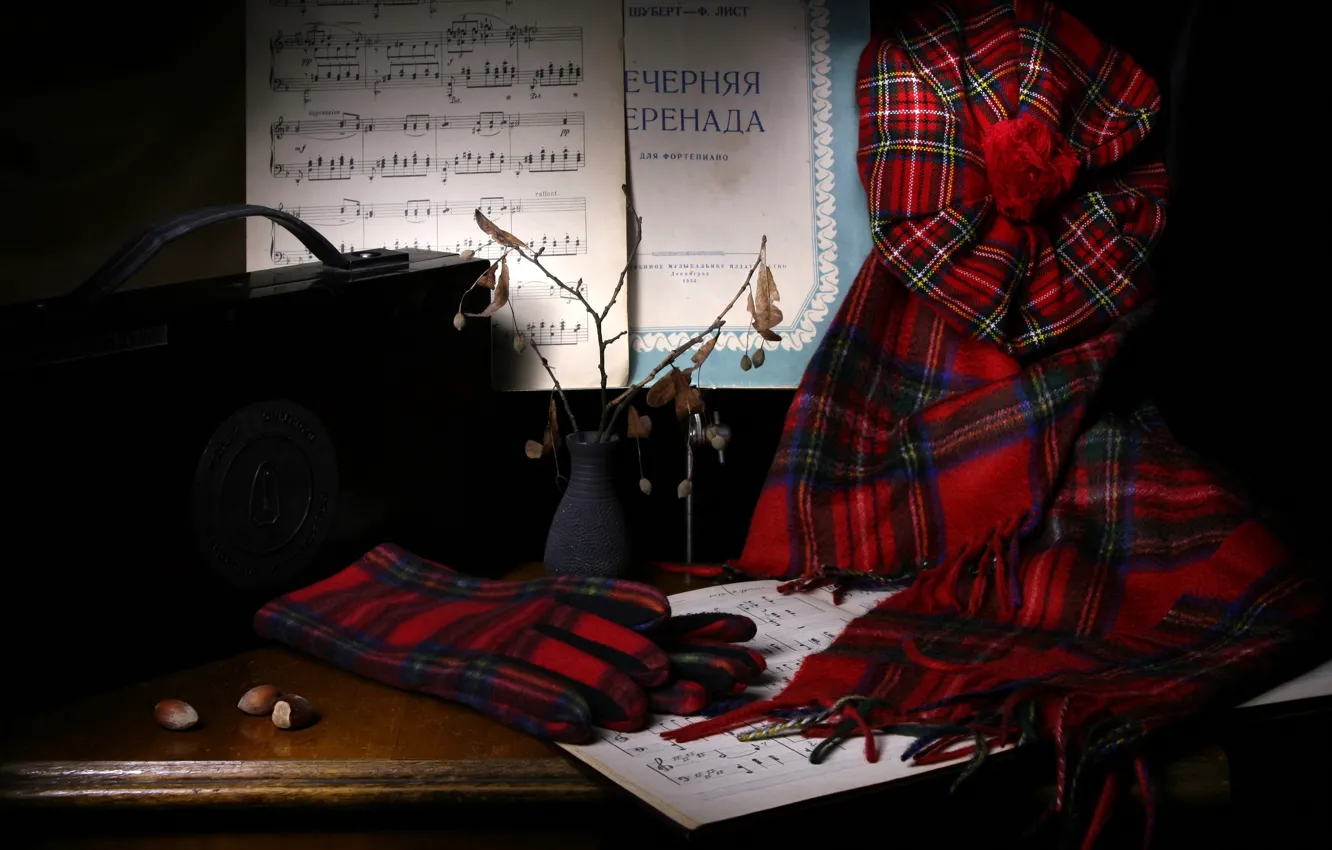 Фото обои осень, красный, ноты, музыка, темный фон, стол, шарф, перчатки