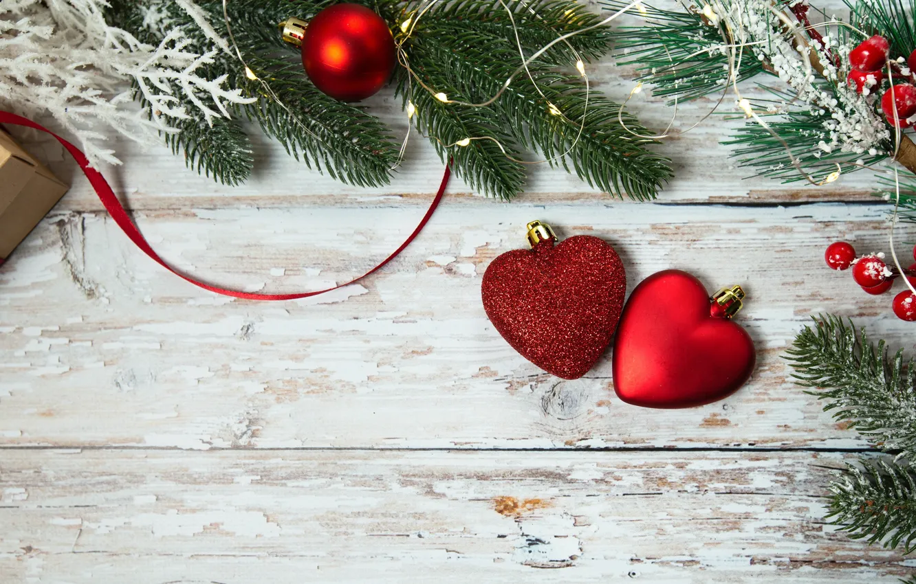 Фото обои зима, шарики, ветки, красный, праздник, доски, новый год, плоды