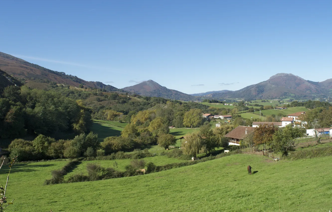 Фото обои горы, поля, деревня, Испания, mountains, fields, village, Spain