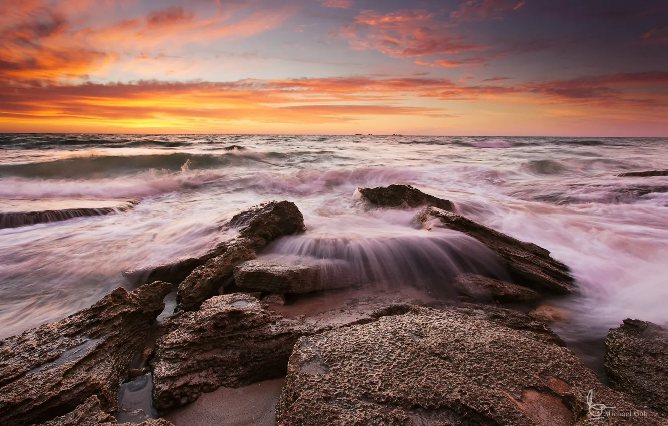Фото обои волны, небо, облака, закат, камни, вечер, Индийский океан, Западная Австралия