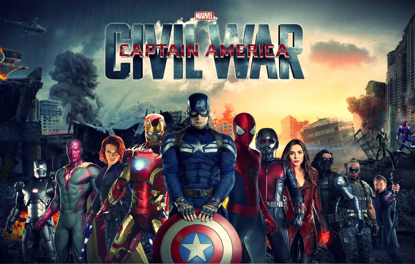 Фото обои Сокол, Captain America, spider man, Черная Вдова, Ant-Man, Соколиный Глаз, алая ведьма, Вижн