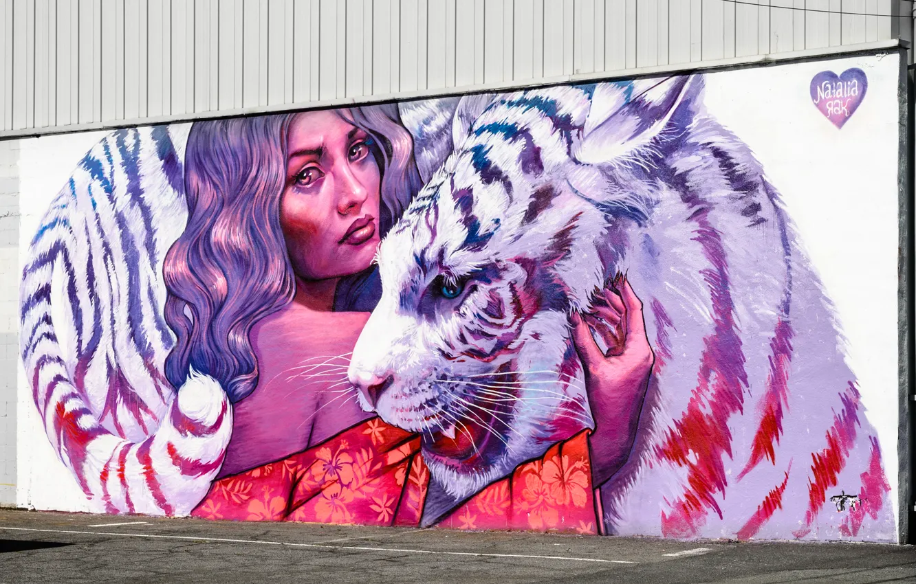 Фото обои девушка, лицо, тигр, стена, краски, граффити